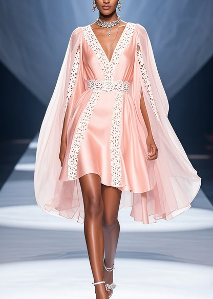 Bohemian Pink V Neck Lace Patchwork Cloak Silk Party Dress Summer