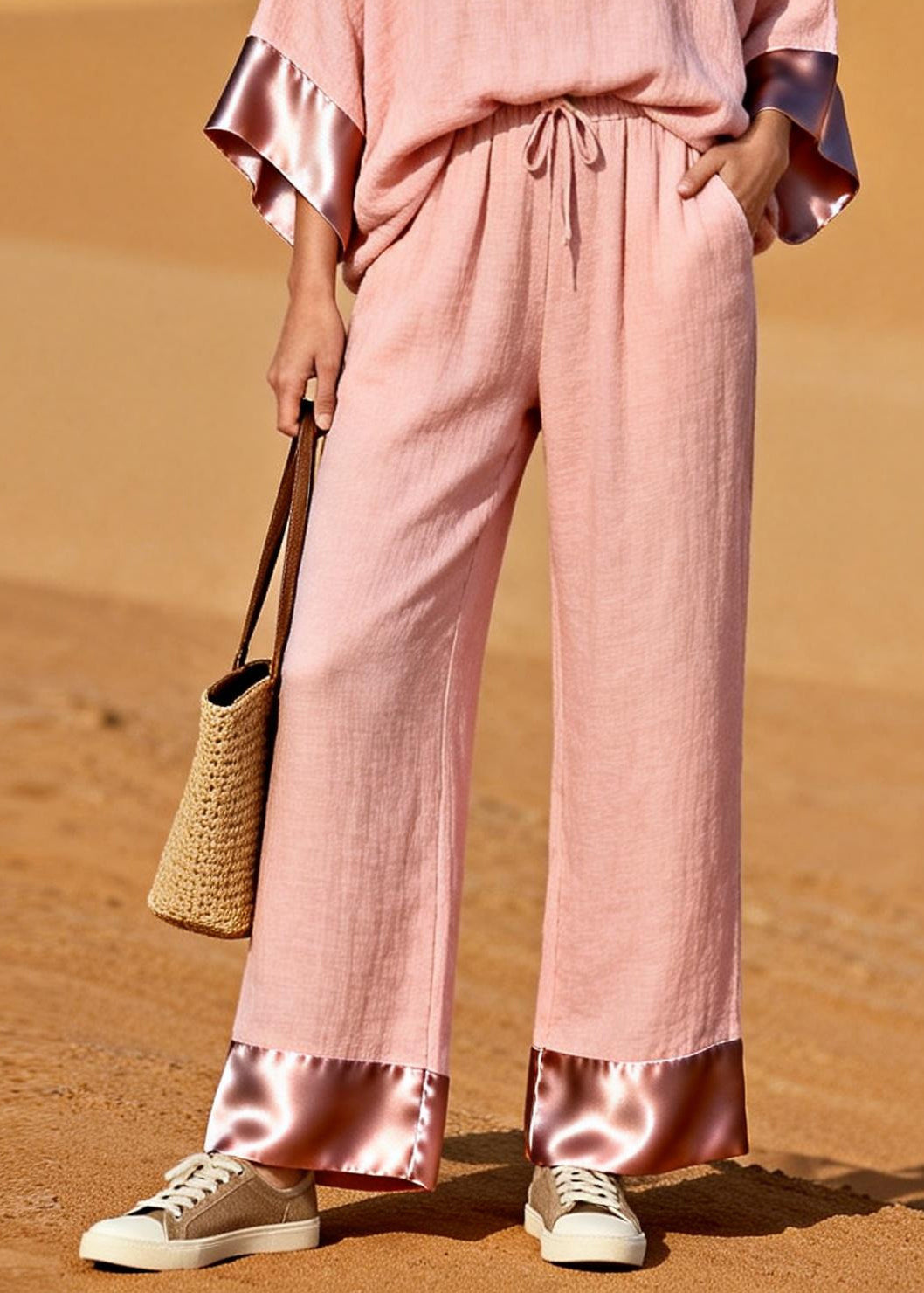 Bohemian Pink V Neck Patchwork Cotton Two Pieces Set Spring