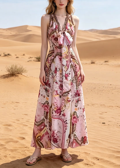 Bohemian Pink V Neck Print Chiffon Beach Dress Summer