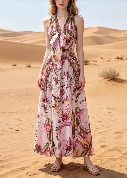 Bohemian Pink V Neck Print Chiffon Beach Dress Summer