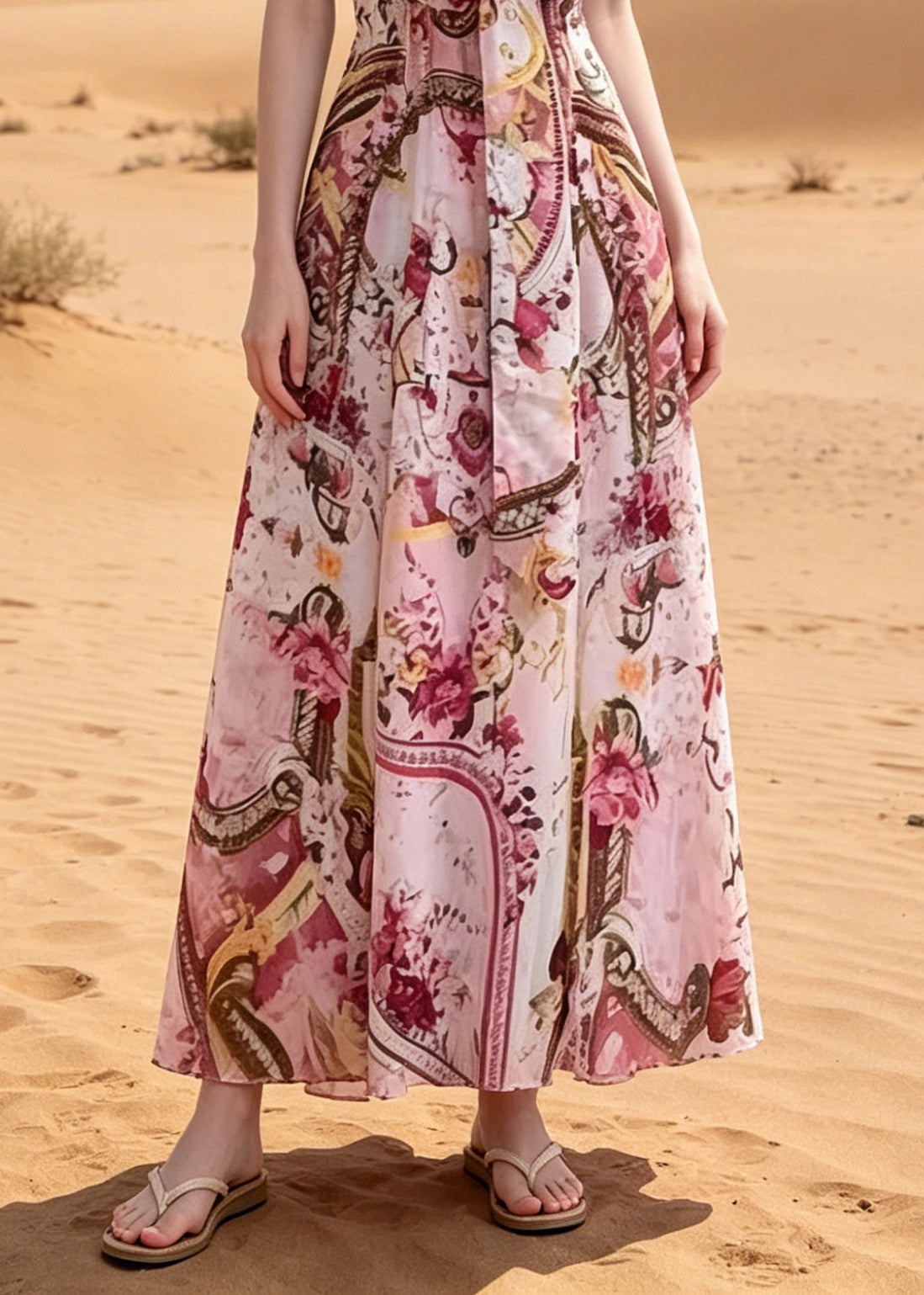Bohemian Pink V Neck Print Chiffon Beach Dress Summer