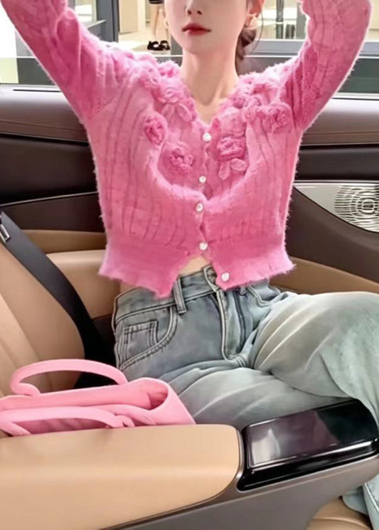 Bohemian Pink V Neck Stereoscopic Floral Knit Cardigan Long Sleeve