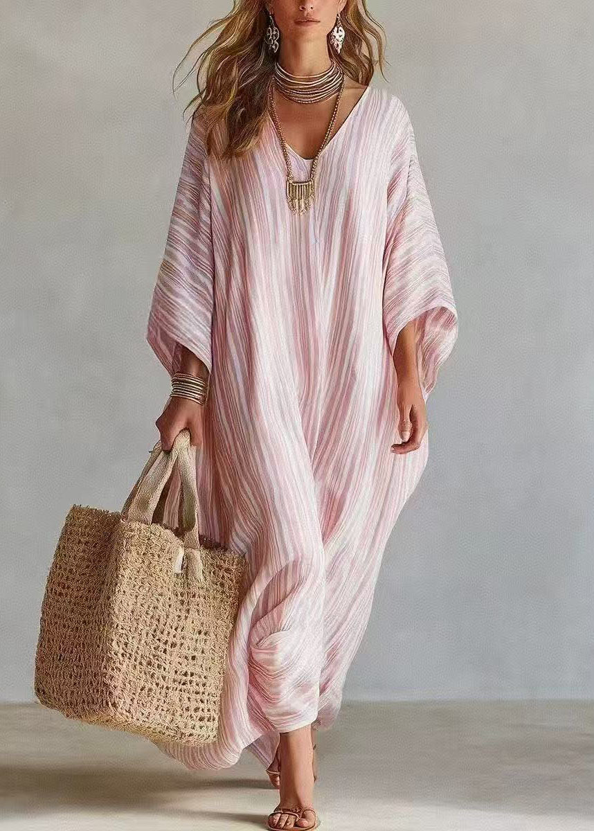 Bohemian Pink V Neck Striped Cotton Long Dress Bracelet Sleeve