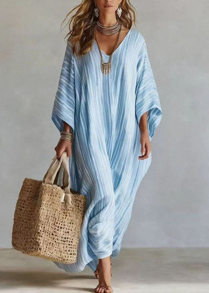 Bohemian Pink V Neck Striped Cotton Long Dress Bracelet Sleeve