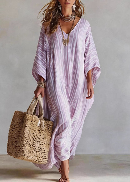 Bohemian Pink V Neck Striped Cotton Long Dress Bracelet Sleeve