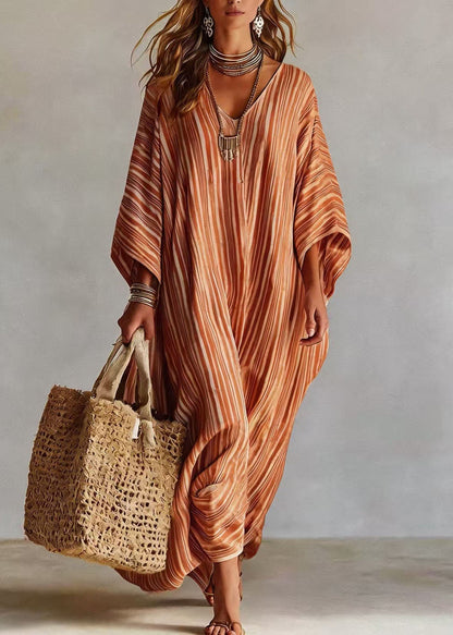 Bohemian Pink V Neck Striped Cotton Long Dress Bracelet Sleeve