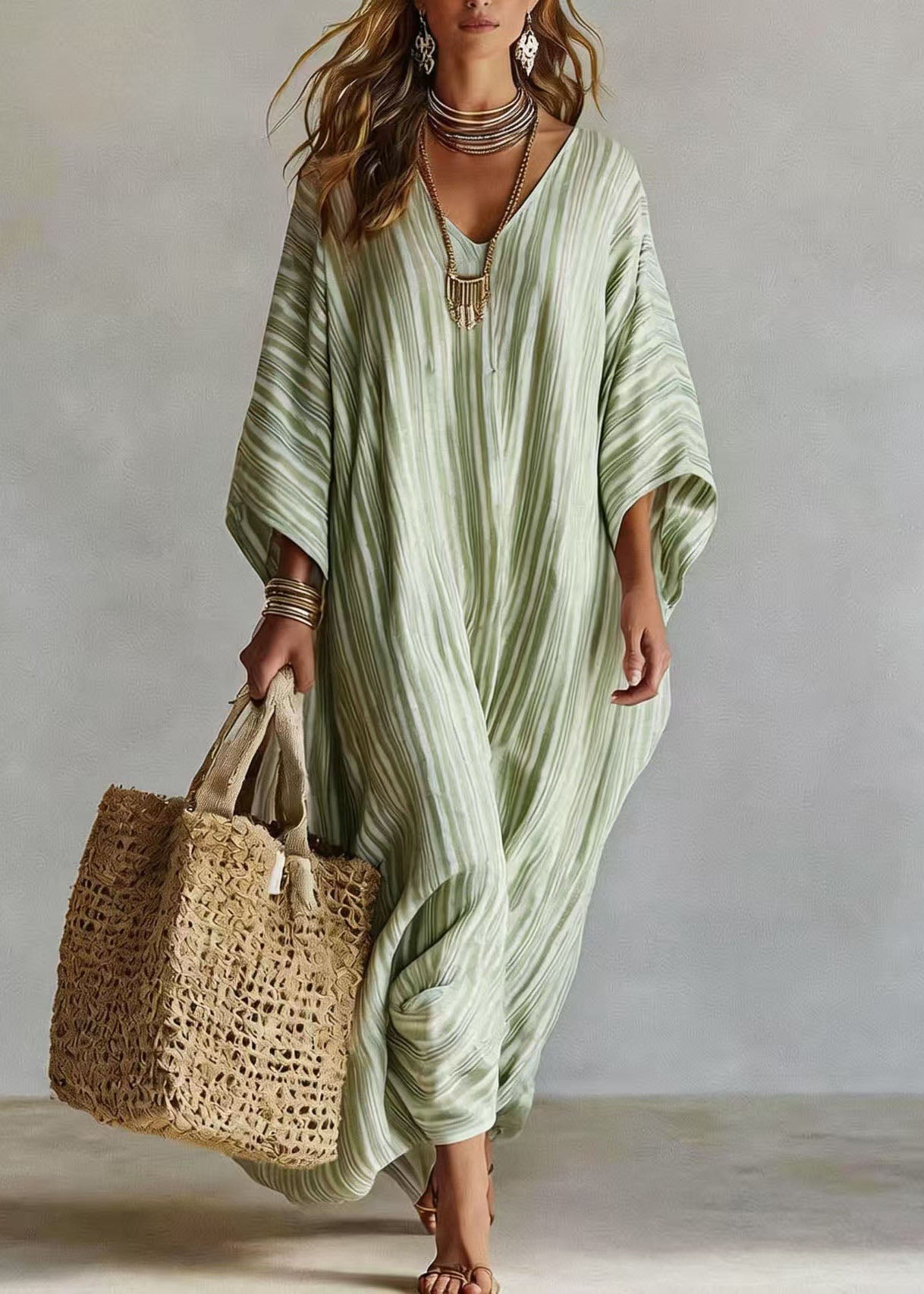 Bohemian Pink V Neck Striped Cotton Long Dress Bracelet Sleeve
