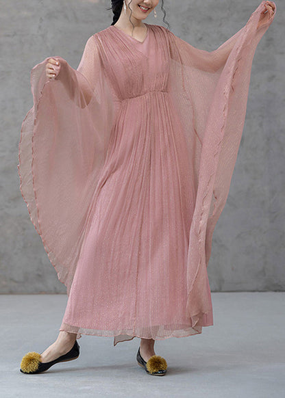 Bohemian Pink V Neck Wrinkled Lurex Vacation Dress Fall
