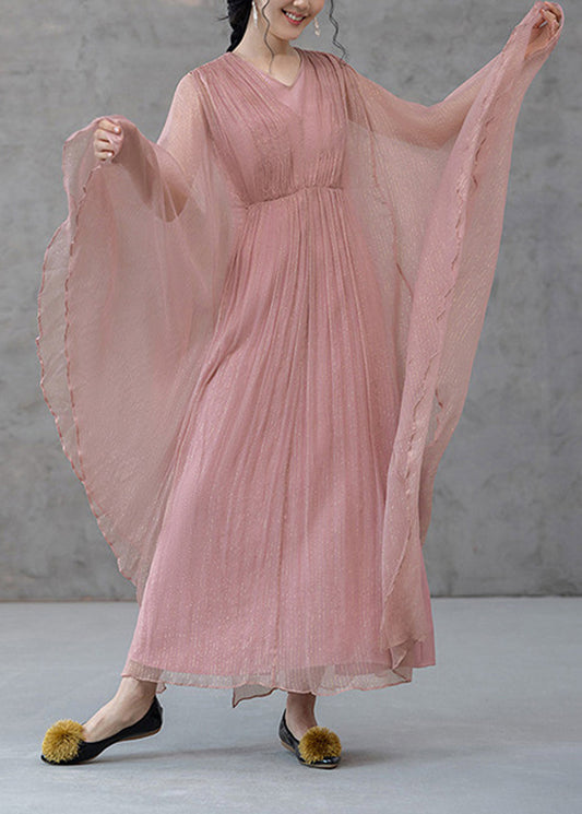 Bohemian Pink V Neck Wrinkled Lurex Vacation Dress Fall
