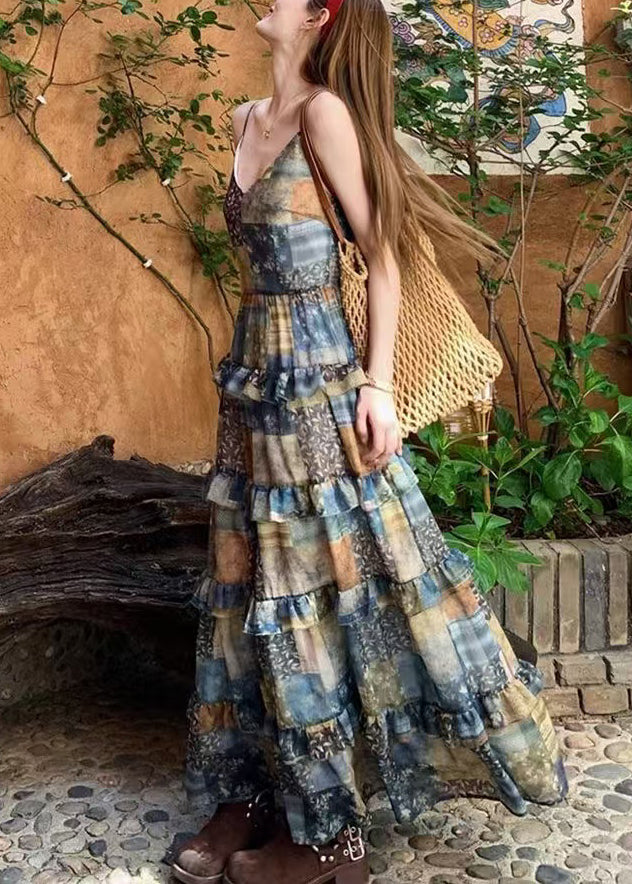 Bohemian Plaid Print Ruffled Patchwork Cotton Spaghetti Strap Dress Sleeveless