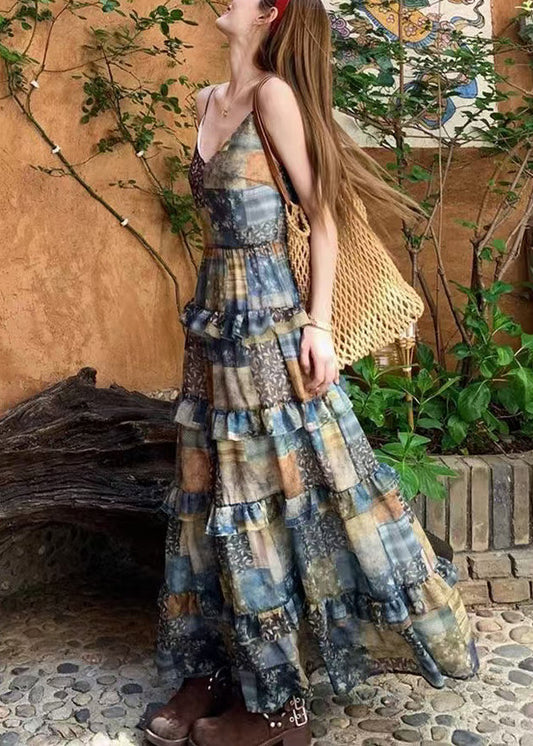 Bohemian Plaid Print Ruffled Patchwork Cotton Spaghetti Strap Dress Sleeveless
