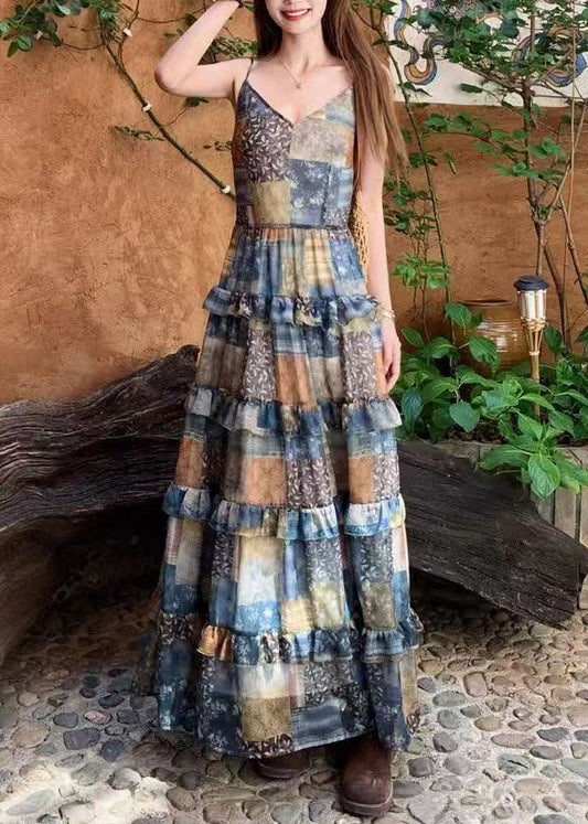Bohemian Plaid Print Ruffled Patchwork Cotton Spaghetti Strap Dress Sleeveless