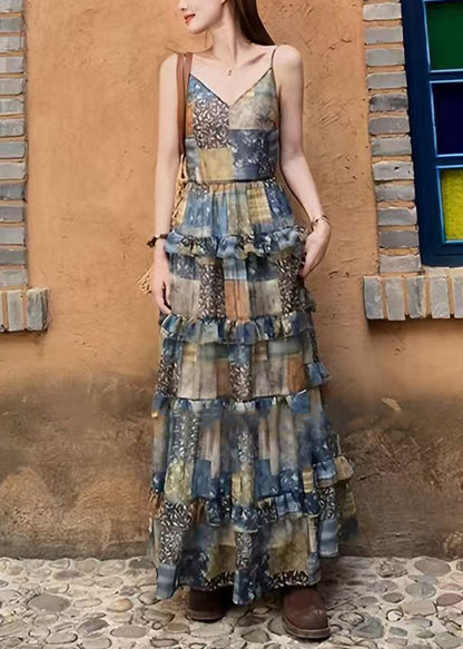 Bohemian Plaid Print Ruffled Patchwork Cotton Spaghetti Strap Dress Sleeveless