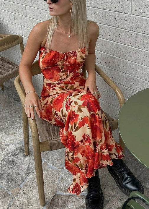 Bohemian Print Backless Lace Up Cotton Spaghetti Strap Dress Sleeveless