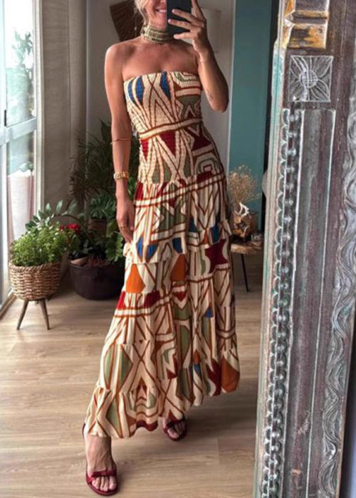 Bohemian Print Cold Shoulder Patchwork Cotton Long Dress Sleeveless