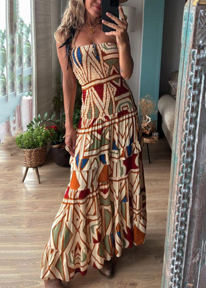 Bohemian Print Cold Shoulder Patchwork Cotton Long Dress Sleeveless