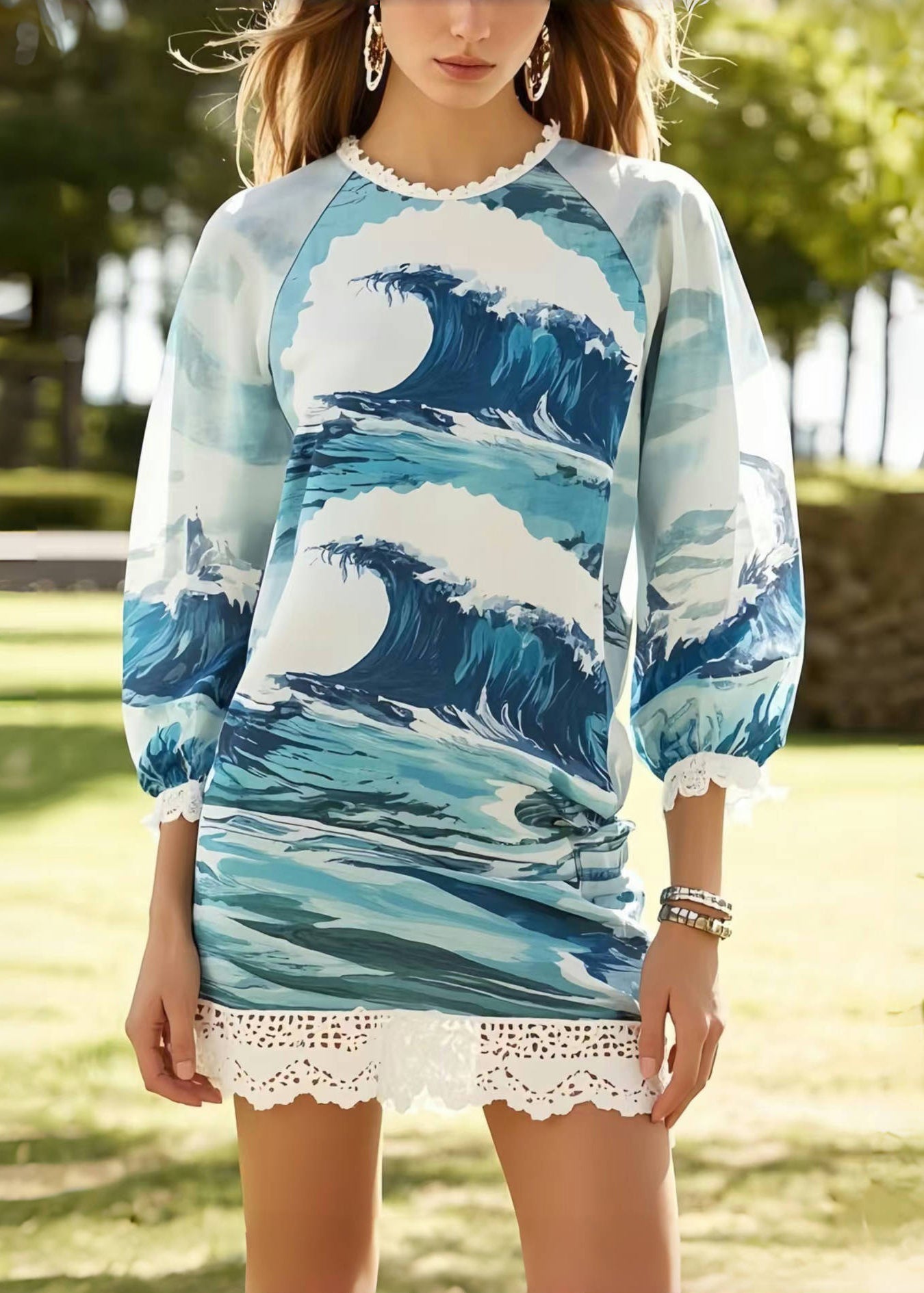 Bohemian Print Patchwork Lace Chiffon Vacation Dress Summer