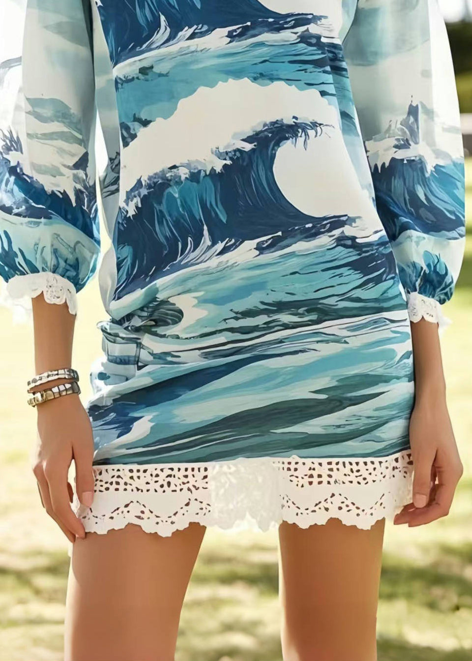 Bohemian Print Patchwork Lace Chiffon Vacation Dress Summer