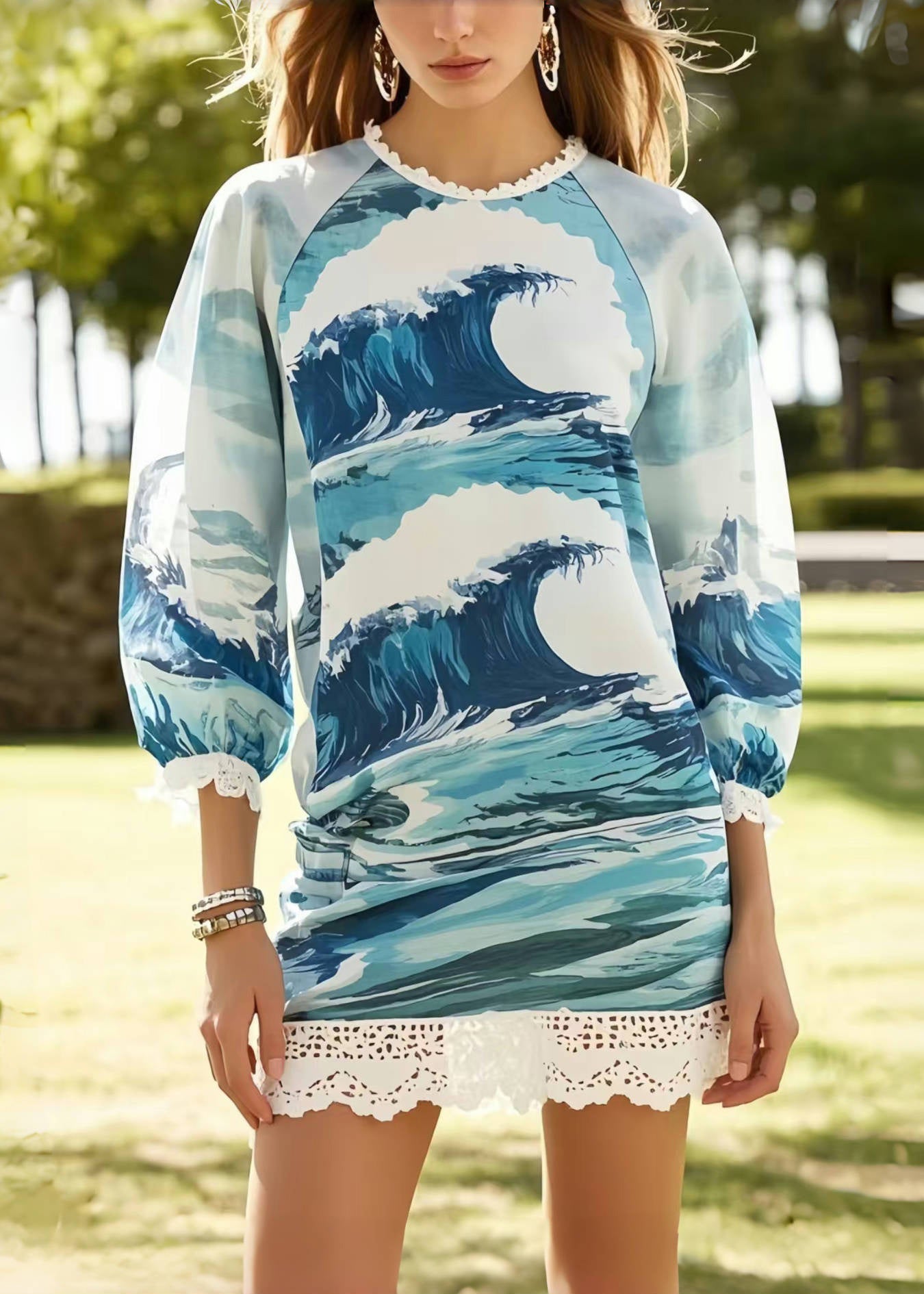 Bohemian Print Patchwork Lace Chiffon Vacation Dress Summer