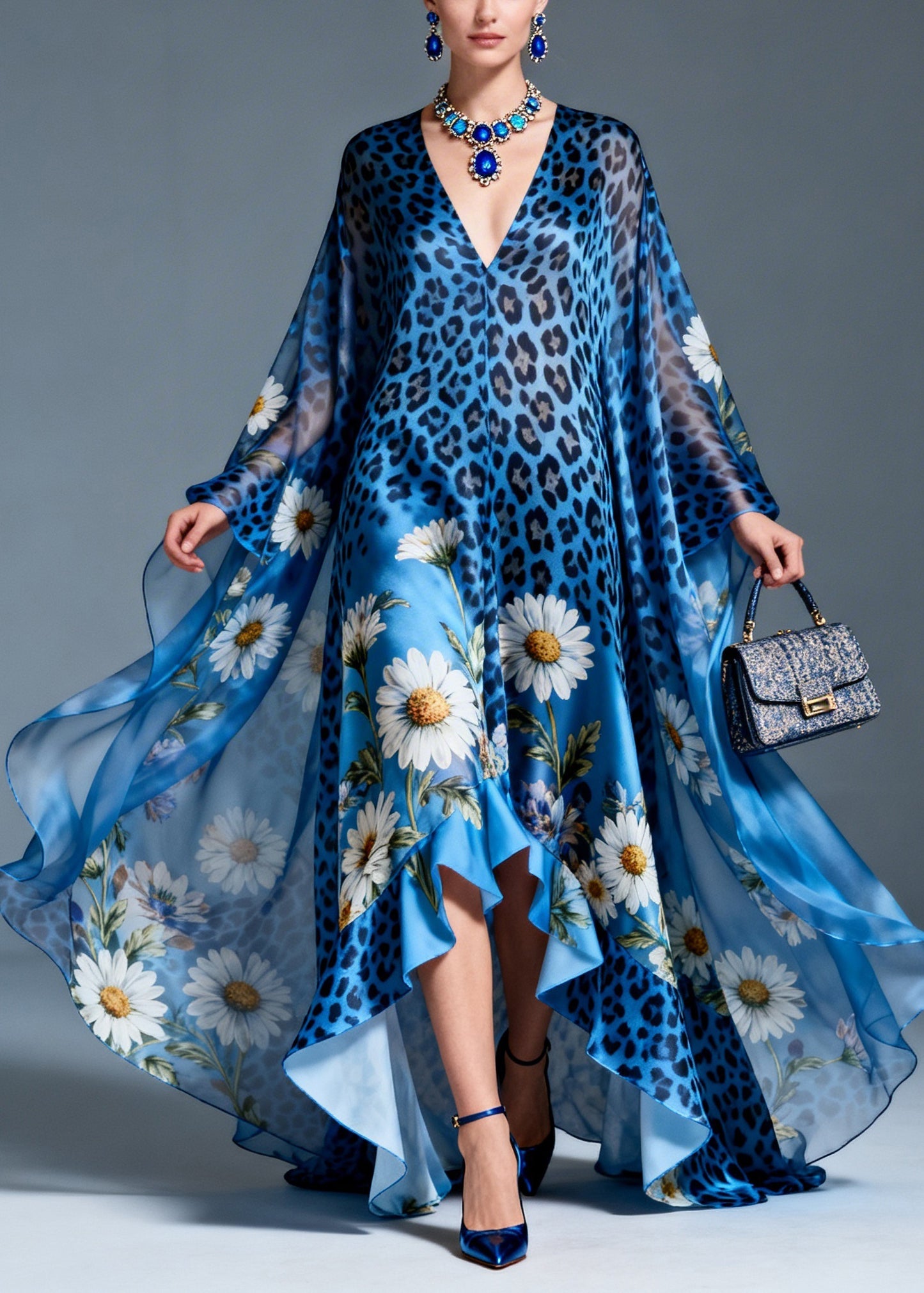 Bohemian Print Ruffled Asymmetrical Design Patchwork Silk Dresses Summer