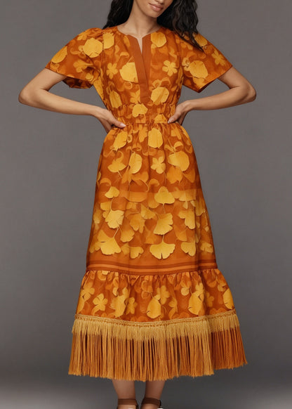 Bohemian Print Tasseled Patchwork Cotton Long Dress Summer