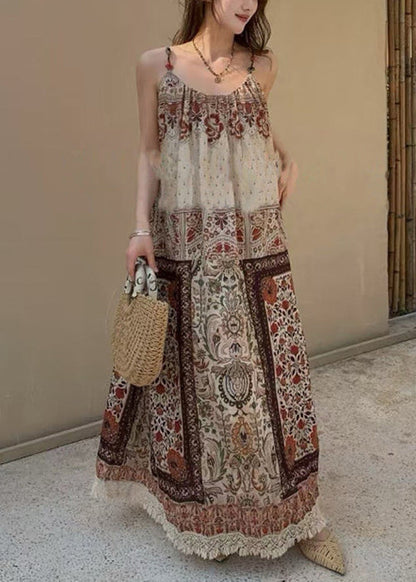 Bohemian Print Tasseled Pockets Patchwork Cotton Spaghetti Strap Dress Sleeveless