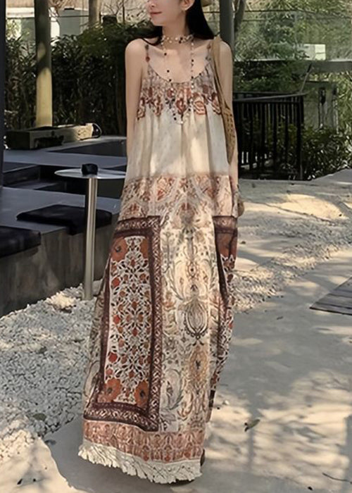 Bohemian Print Tasseled Pockets Patchwork Cotton Spaghetti Strap Dress Sleeveless
