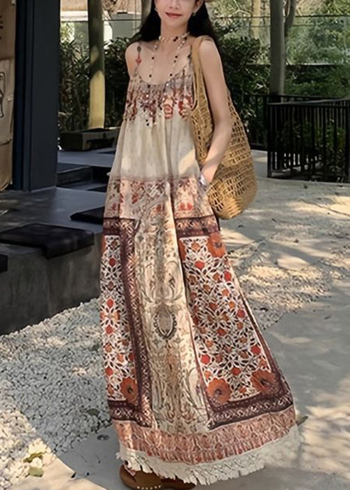 Bohemian Print Tasseled Pockets Patchwork Cotton Spaghetti Strap Dress Sleeveless