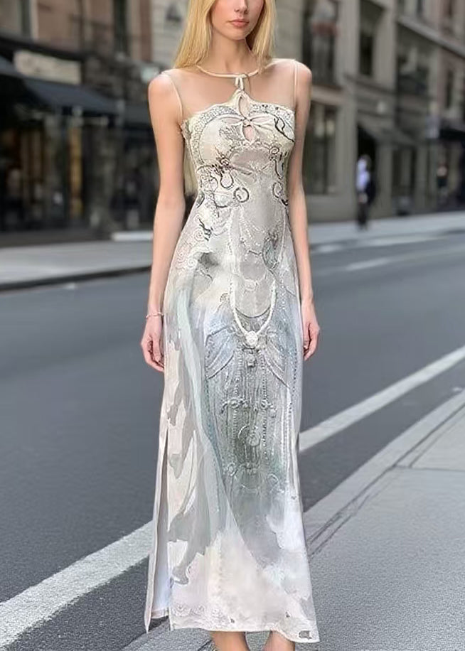 Bohemian Print Tulle Patchwork Side Open Holiday Dress Sleeveless