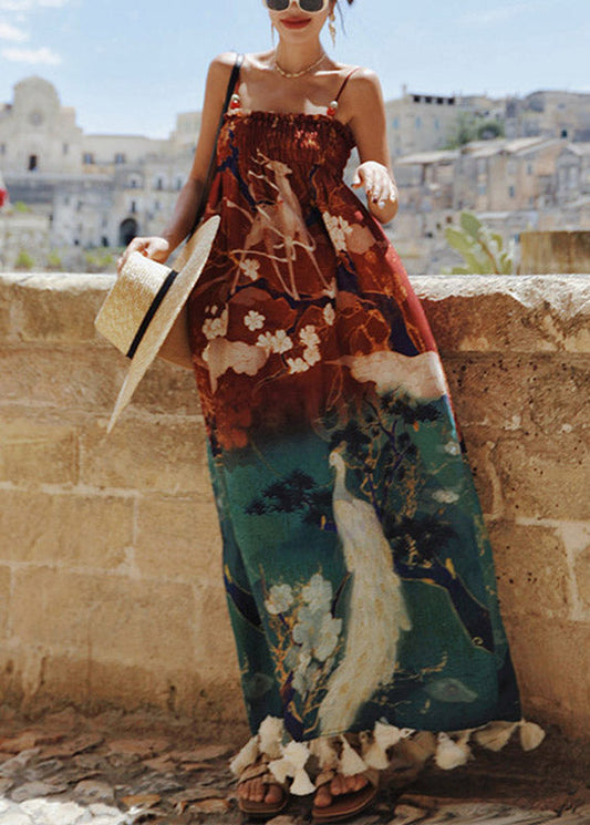 Bohemian Print Wrinkled Long Spaghetti Strap Dress Sleeveless