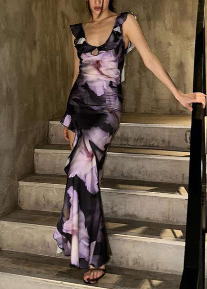 Bohemian Purple Asymmetrical Ruffled Cotton Long Dress Sleeveless