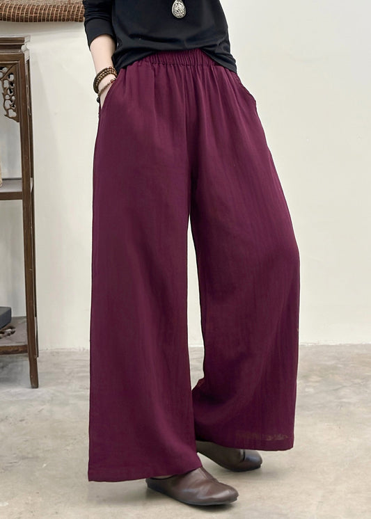 Bohemian Purple Elastic Waist Pockets Linen Pants Summer