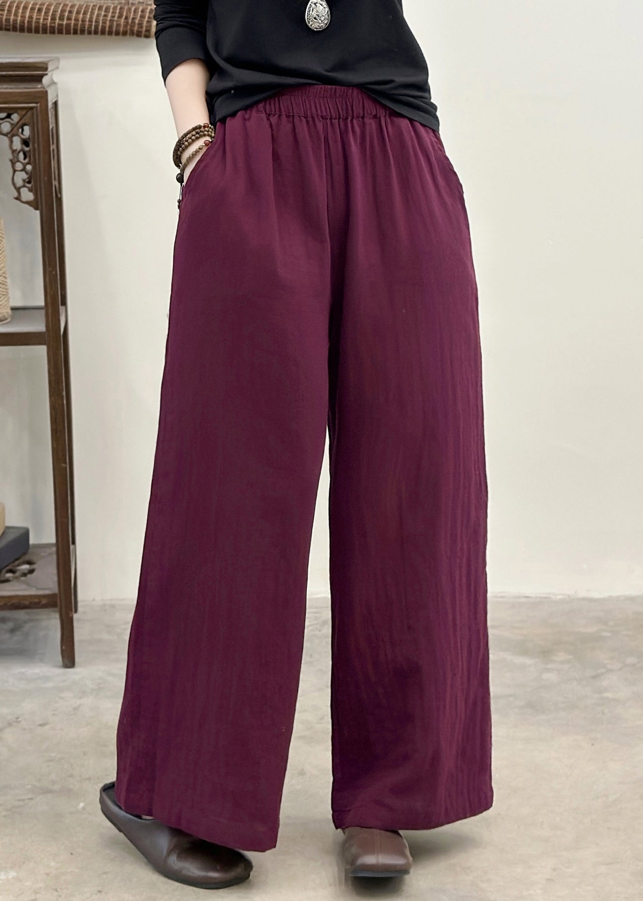 Bohemian Purple Elastic Waist Pockets Linen Pants Summer