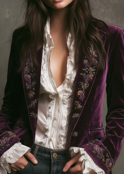 Bohemian Purple Embroidered Pockets Velvet Coats Fall
