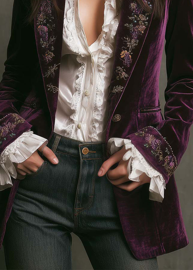 Bohemian Purple Embroidered Pockets Velvet Coats Fall
