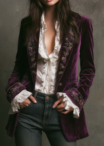 Bohemian Purple Embroidered Pockets Velvet Coats Fall