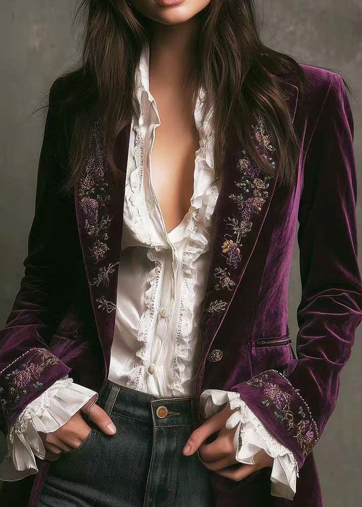 Bohemian Purple Notched Embroidered Velvet Jackets Fall