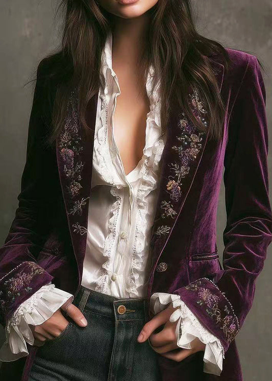 Bohemian Purple Notched Embroidered Velvet Jackets Fall