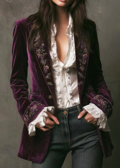 Bohemian Purple Notched Embroidered Velvet Jackets Fall