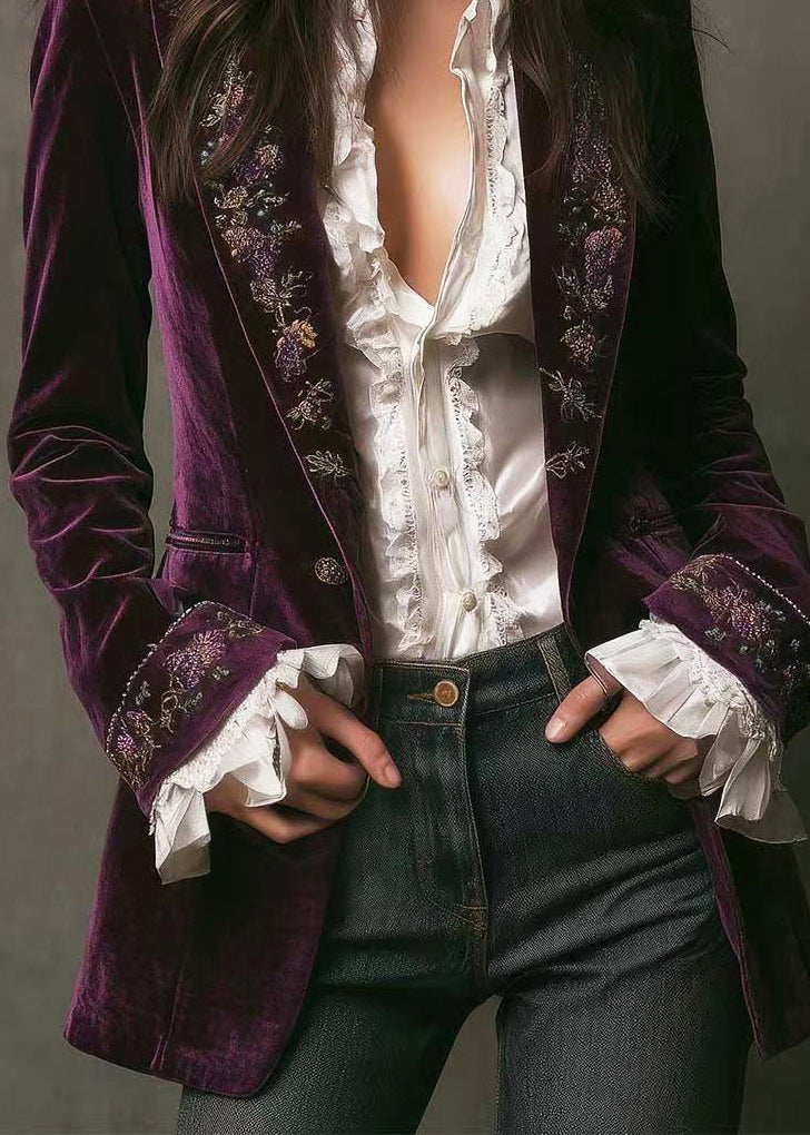 Bohemian Purple Notched Embroidered Velvet Jackets Fall