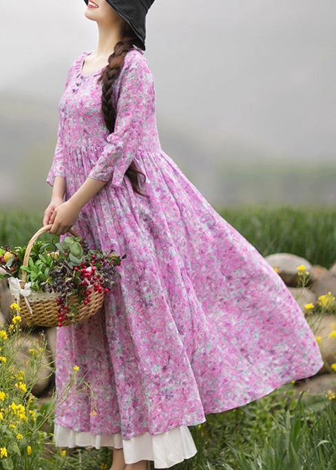 Bohemian Purple Print Quilting Dresses O Neck Ruffles Maxi Summer Dress - SooLinen