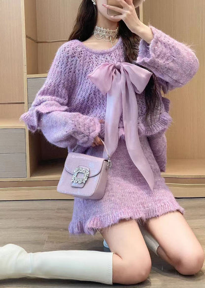 Bohemian Purple Ruffled Bow Knit Two Pieces Set Spring
