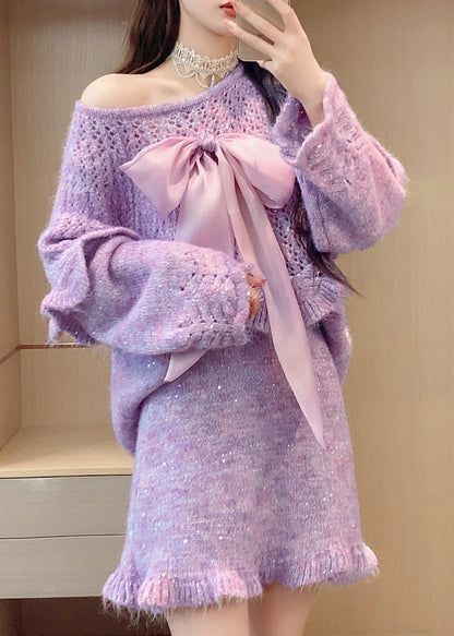 Bohemian Purple Ruffled Bow Knit Two Pieces Set Spring