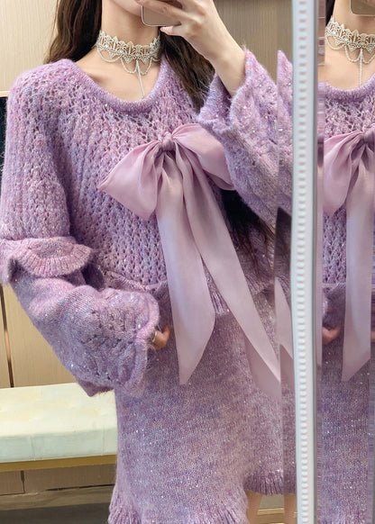 Bohemian Purple Ruffled Bow Knit Two Pieces Set Spring