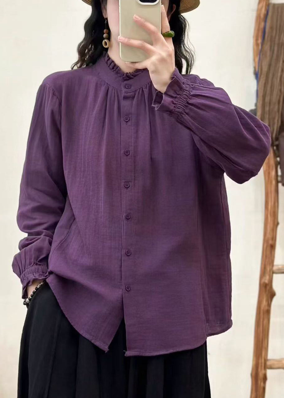 Bohemian Purple Ruffled Cotton Loose Shirts Fall