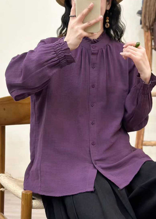 Bohemian Purple Ruffled Cotton Loose Shirts Fall