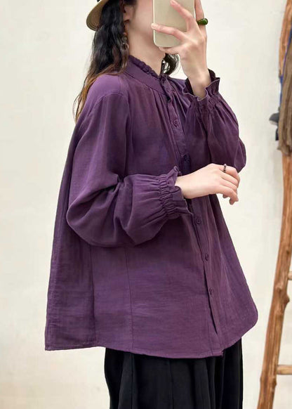 Bohemian Purple Ruffled Cotton Loose Shirts Fall