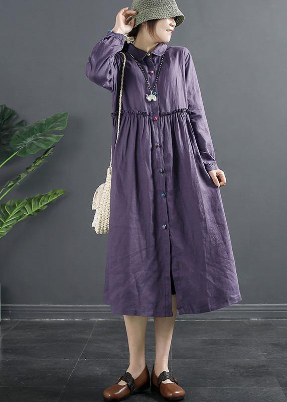 Bohemian Purple Tunic Pattern Lapel Ruffles Long Dress - SooLinen