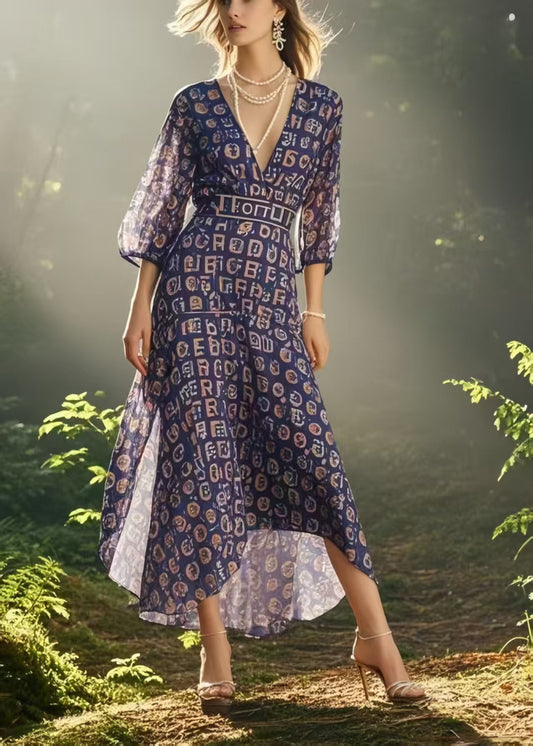 Bohemian Purple V Neck Print Chiffon Mid Dress Bracelet Sleeve