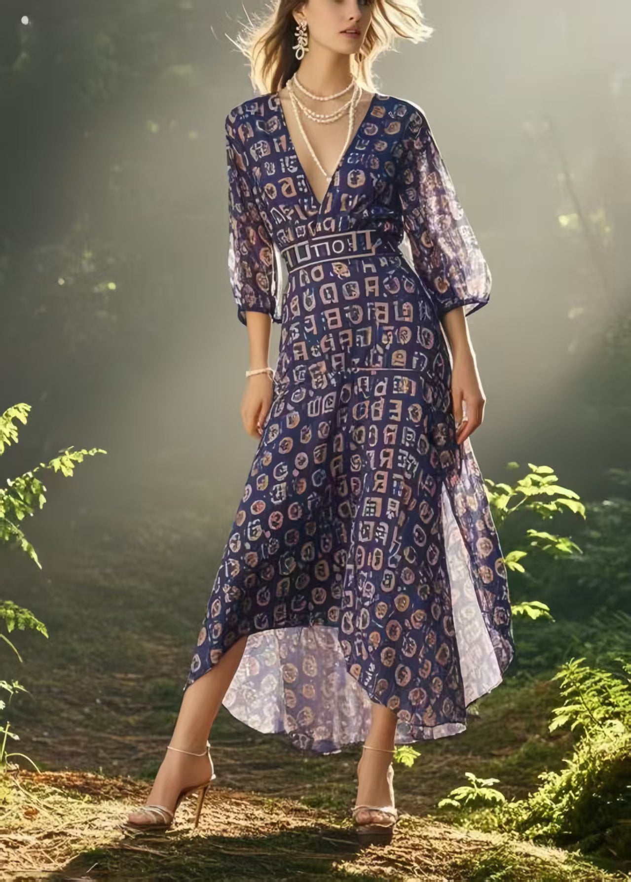 Bohemian Purple V Neck Print Chiffon Mid Dress Bracelet Sleeve